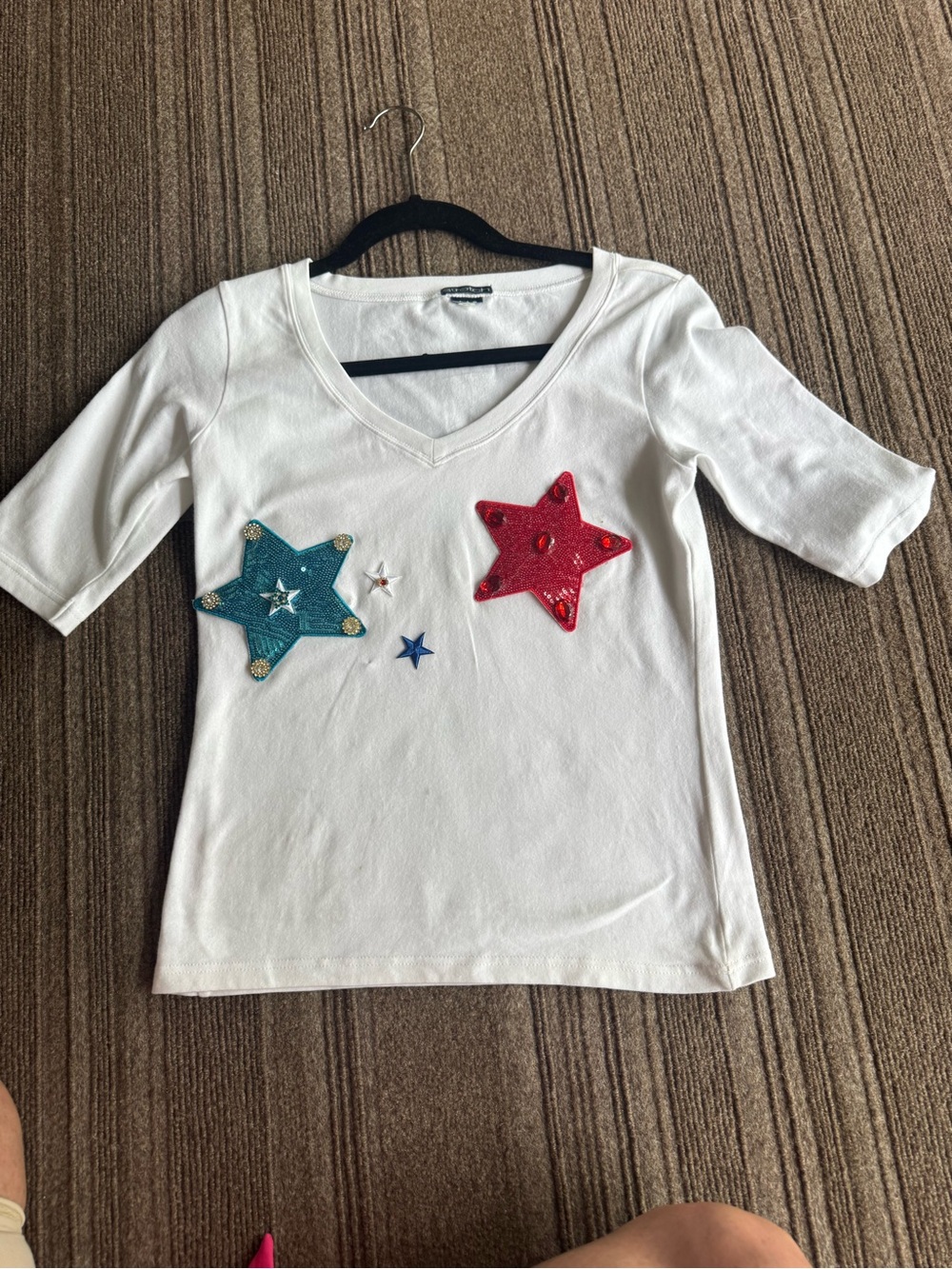 Girls' White Star Appliqué Tee with Red & Teal Stars